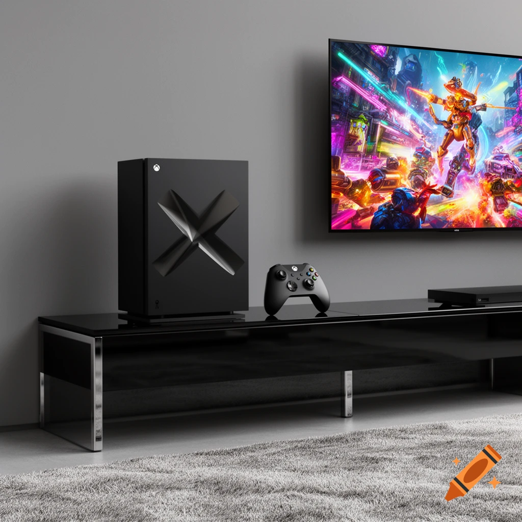 Xbox Series X console and controller on a TV stand, with a vibrant video game displayed on the wall-mounted screen.