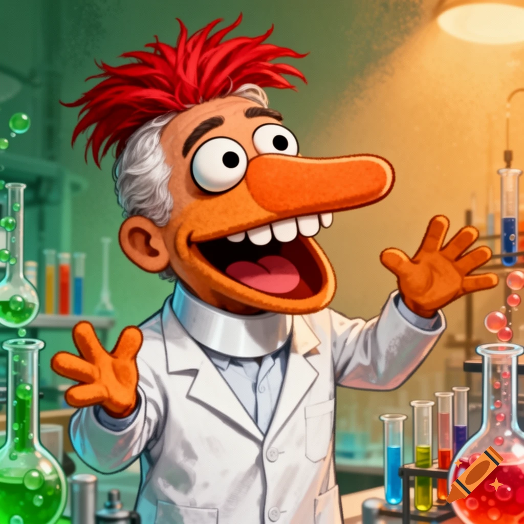 Beaker, the Muppet character, in a lab coat, looking excited in a vibrant chemistry laboratory.