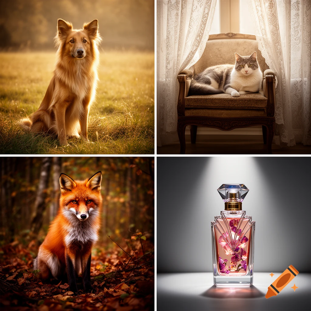 A grid of four photorealistic images: a golden dog, a cat on an armchair, a red fox in autumn leaves, and a perfume bottle.