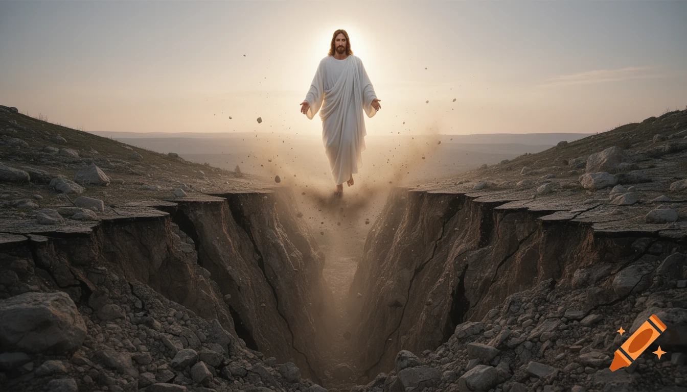 Jesus, glowing, descends above a deep, cracking chasm in a dry, rocky landscape with an earthquake effect, photorealistic.