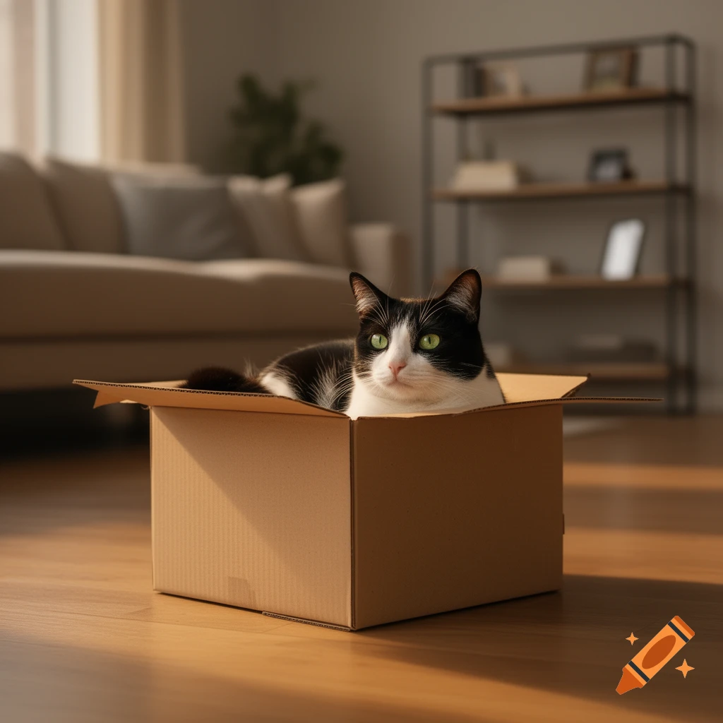A black and white tuxedo cat with green eyes lies inside a cardboard box on a wooden floor in a sunny room.