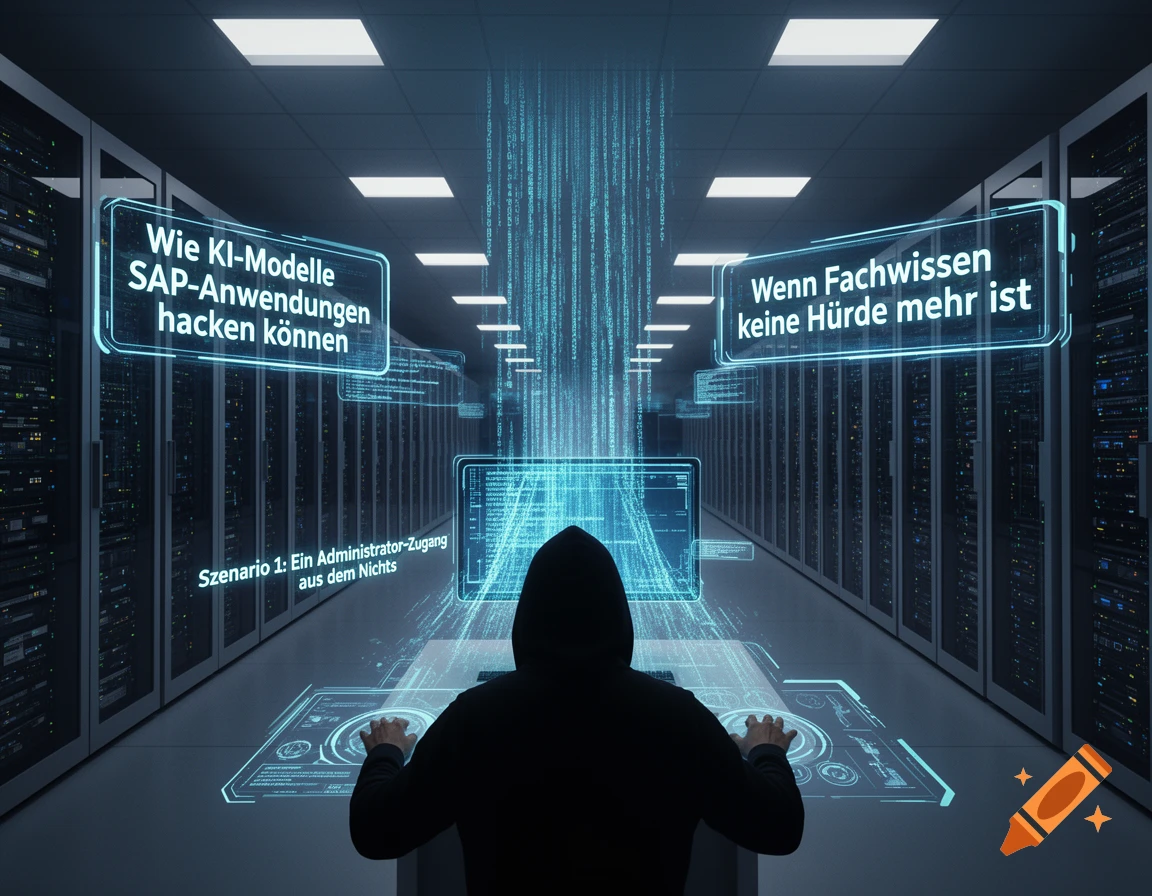 A person in a hoodie in a data center interacting with glowing holographic screens displaying tech-related text.