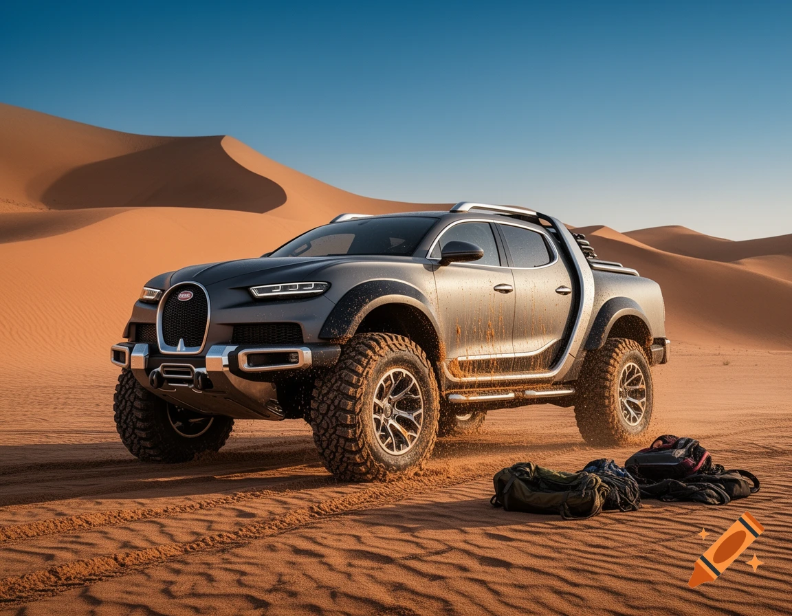 A grey Bugatti 4x4 pickup truck, covered in sand, sits on desert dunes with luggage nearby under a clear blue sky.
