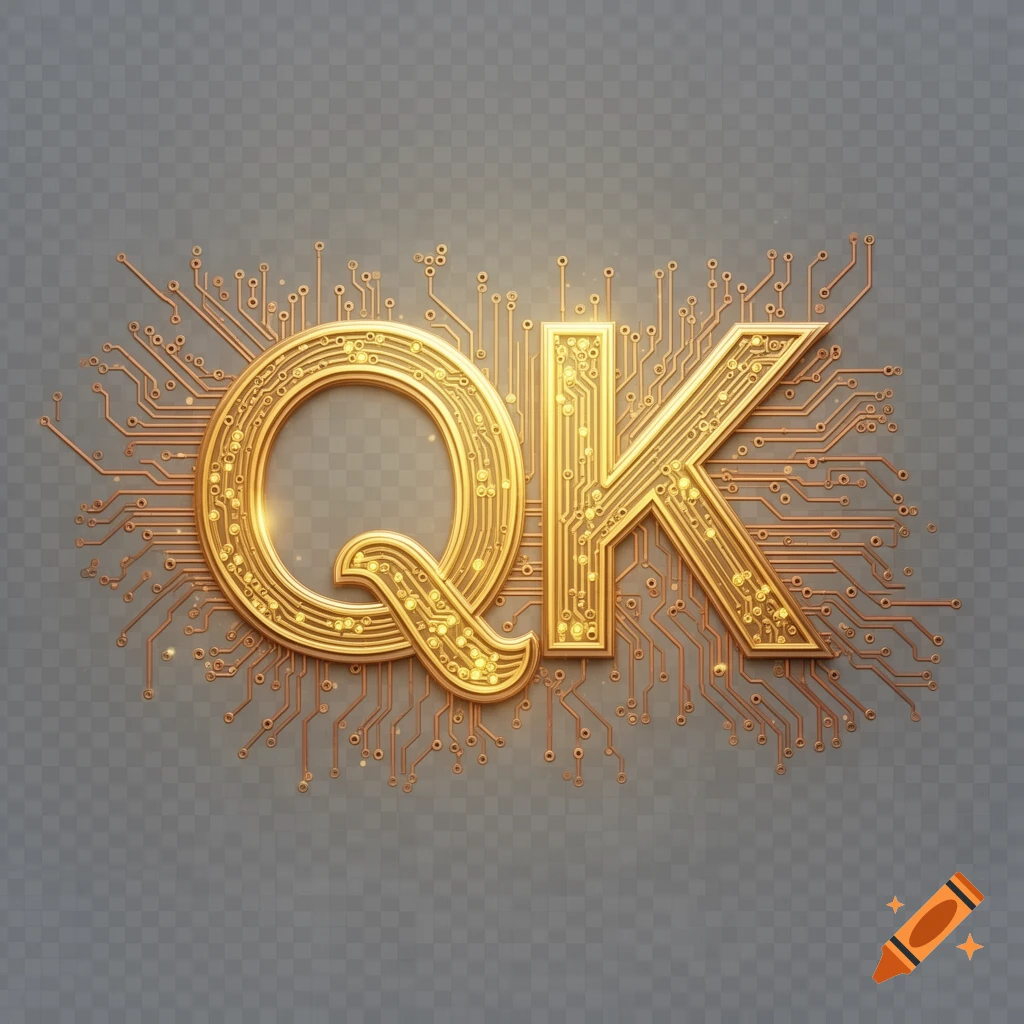Golden letters QK styled as circuit board traces with glowing details on a transparent background.