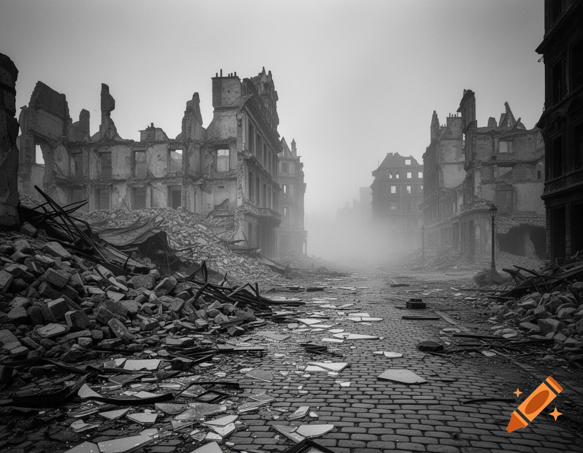 Black and white photo of a foggy, destroyed city street with crumbling buildings and rubble.