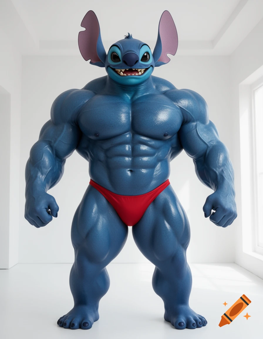 Hyper-muscular blue alien Stitch from Lilo & Stitch in a red posing thong stands in a white room.