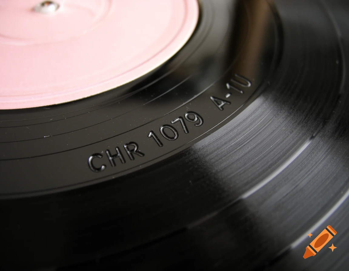 Close-up of a black vinyl record's deadwax with the matrix number 'CHR 1079 A-1U' embossed, next to a pink center label.