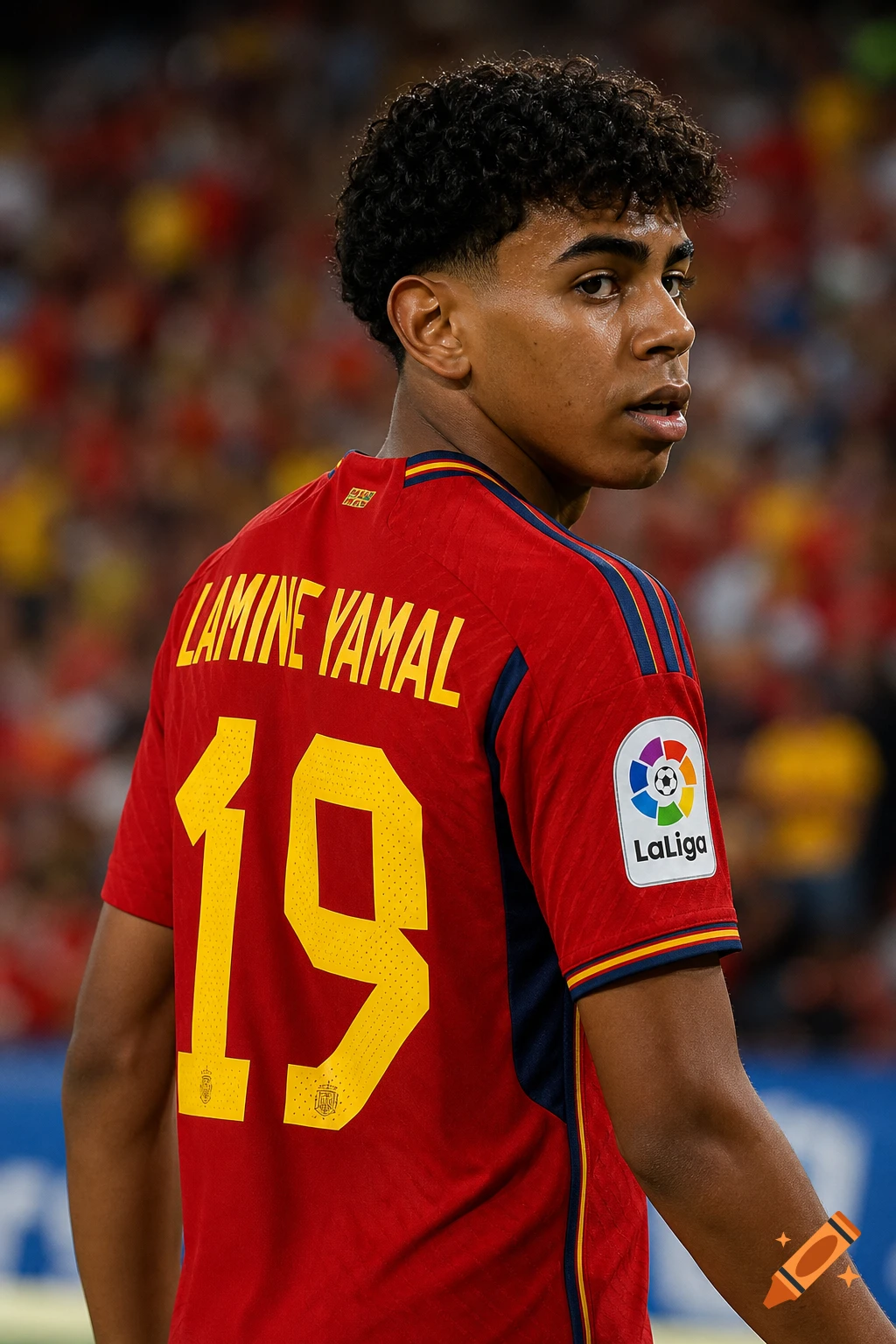 A close-up shot of a young male soccer player, Lamine Yamal, wearing a red Spain national team jersey with the number 19.