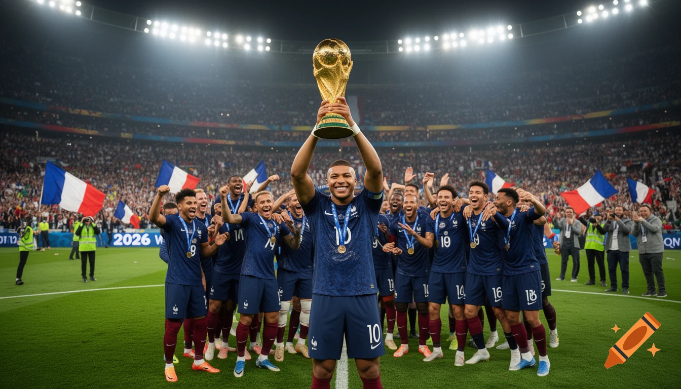 French soccer team celebrates winning the World Cup, with Kylian Mbappé holding the trophy aloft in a packed stadium.