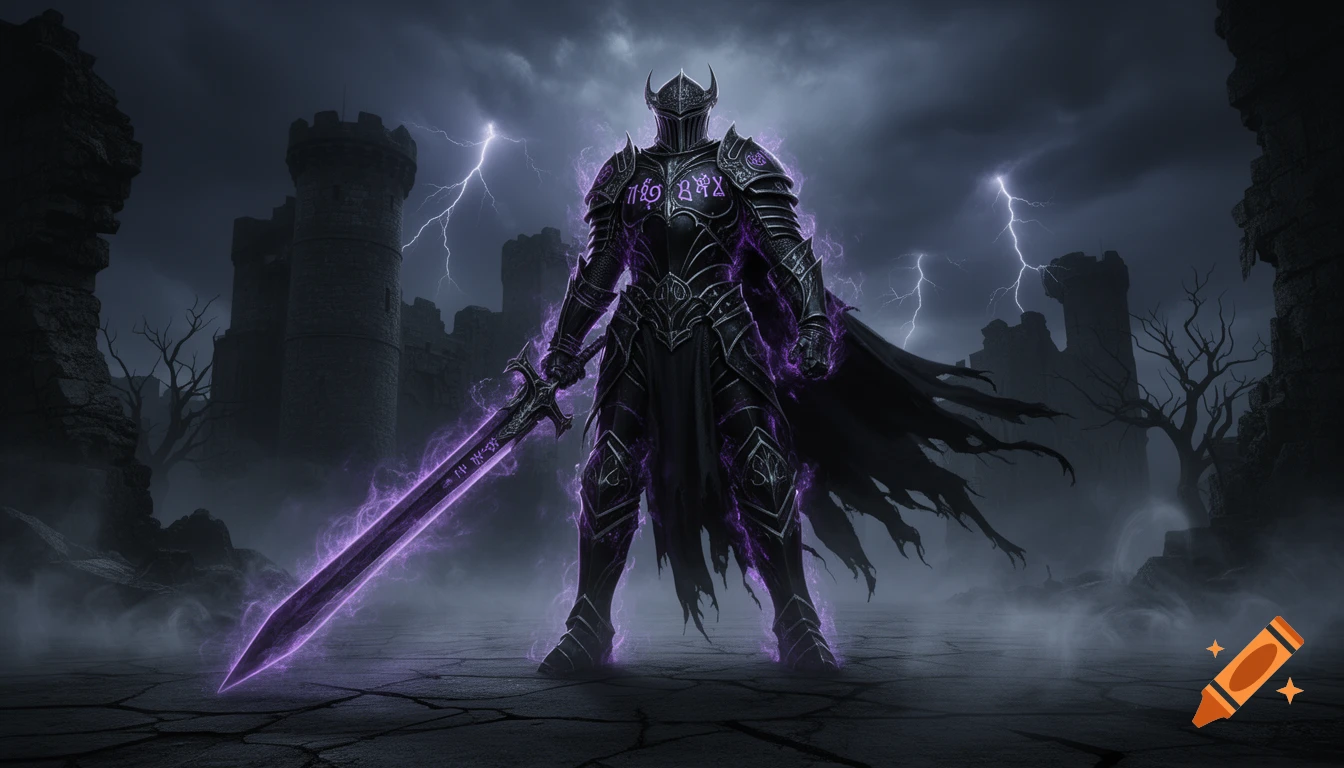 Dark knight in black armor with glowing purple runes and a magical sword stands before a ruined castle under a lightning-filled sky.