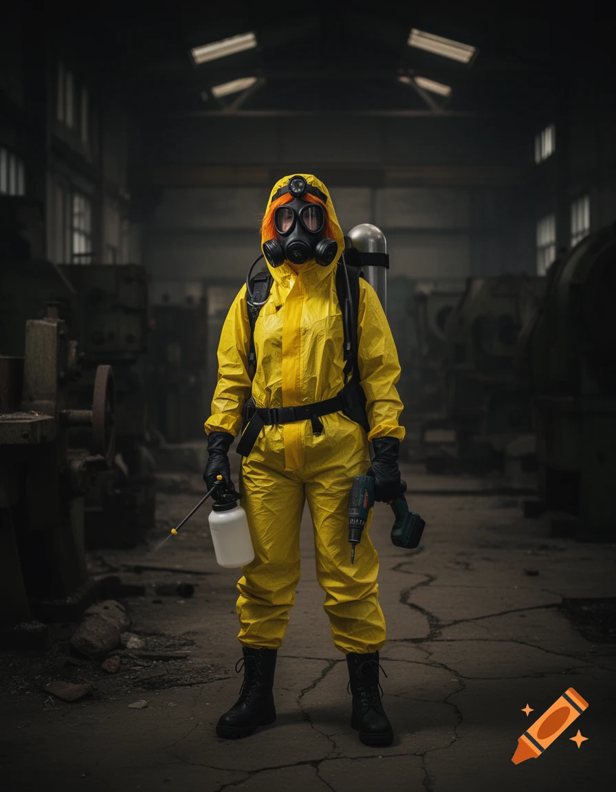 A person in a yellow hazmat suit, gas mask, and headlamp stands in a dark industrial building, holding a sprayer and a drill.