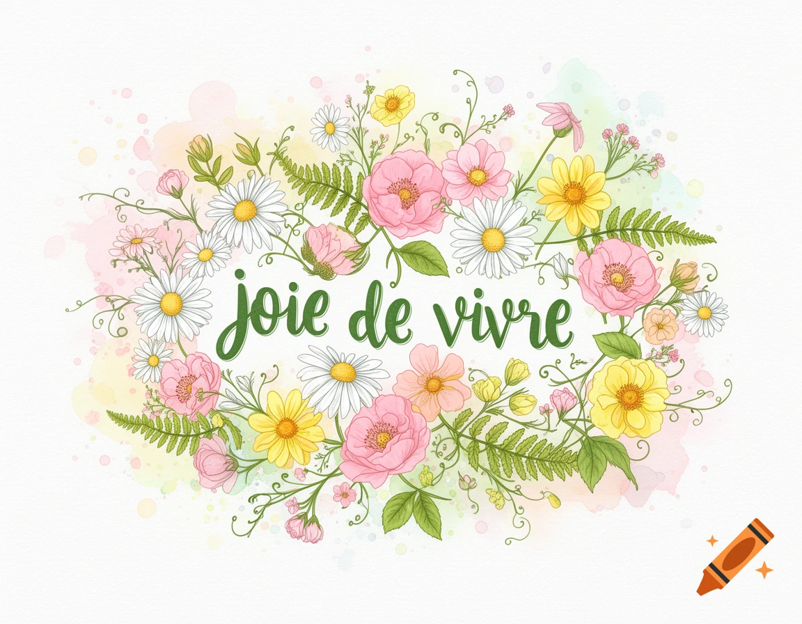 Vibrant floral illustration with pink roses, white daisies, yellow flowers, and ferns surrounding "joie de vivre" text.