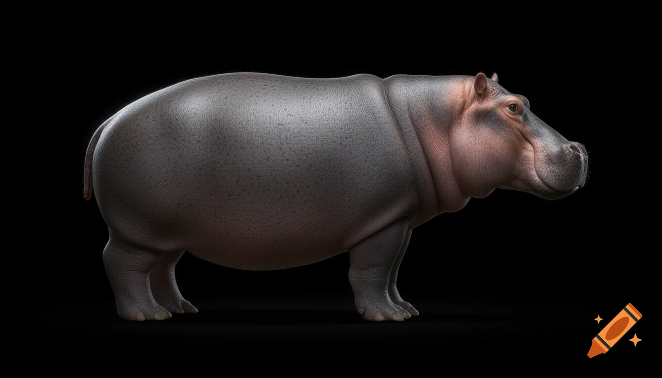 A photorealistic side view of a hippopotamus standing against a pure black background.