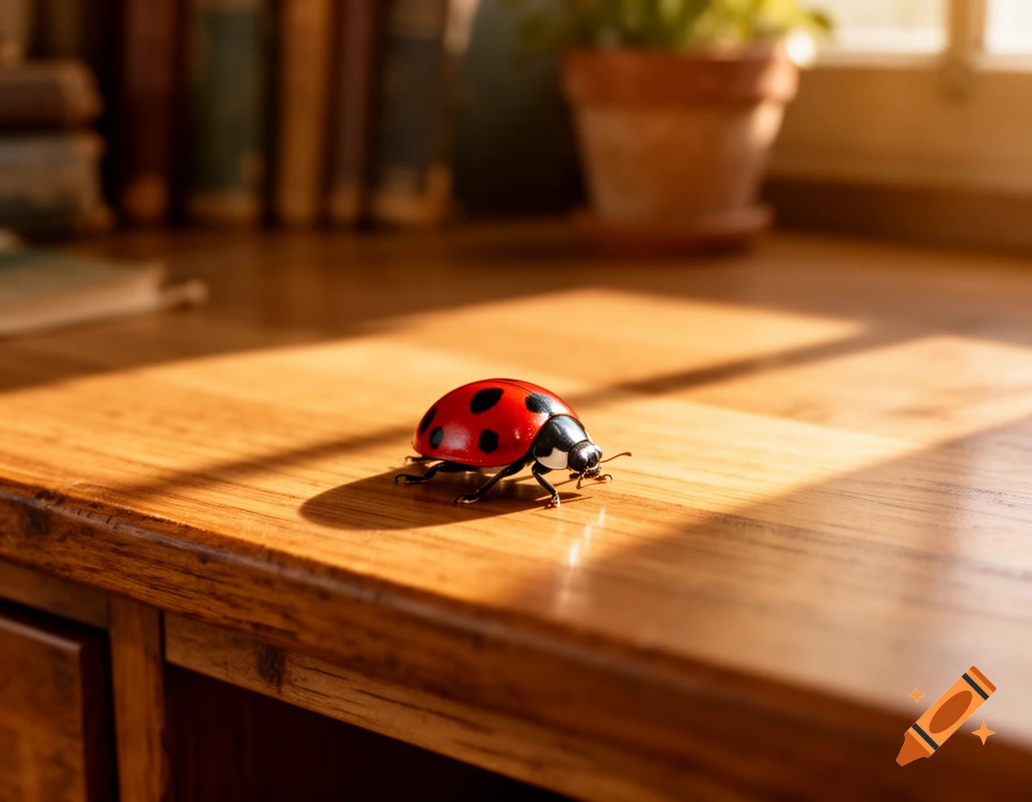 A red and black ladybug walks across a sunlit wooden desk with blurred books and a plant in the background.