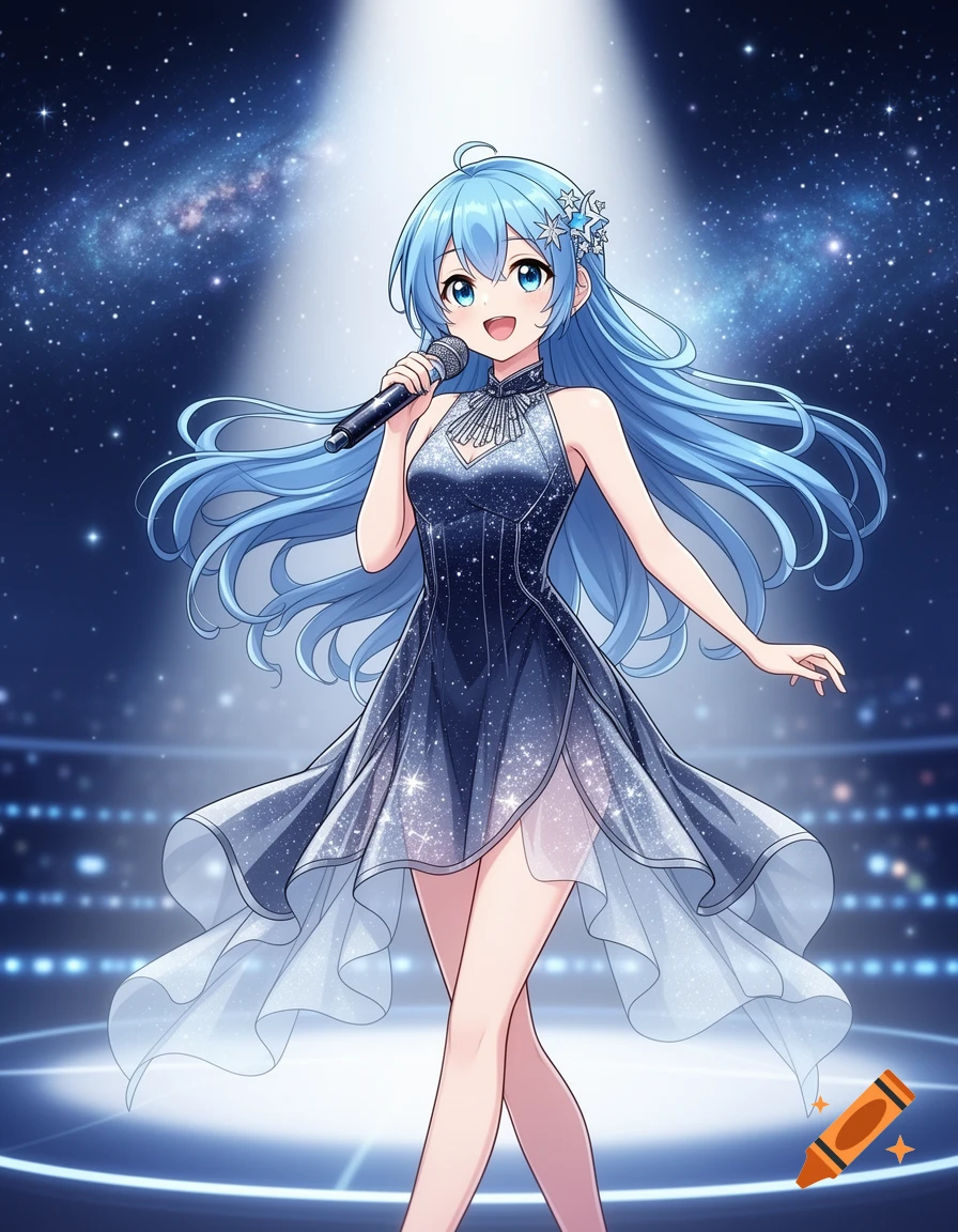 An anime girl with blue hair and blue eyes, wearing a sparkling dress, sings into a microphone on a stage with a starry background.
