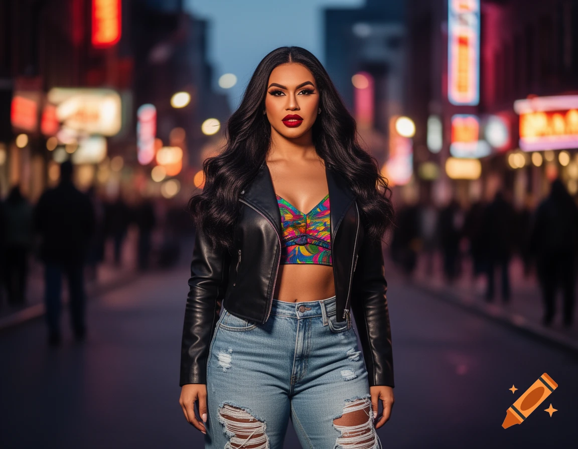 A woman with long dark hair, wearing a black leather jacket, colorful crop top, and ripped jeans, stands on a city street at night.