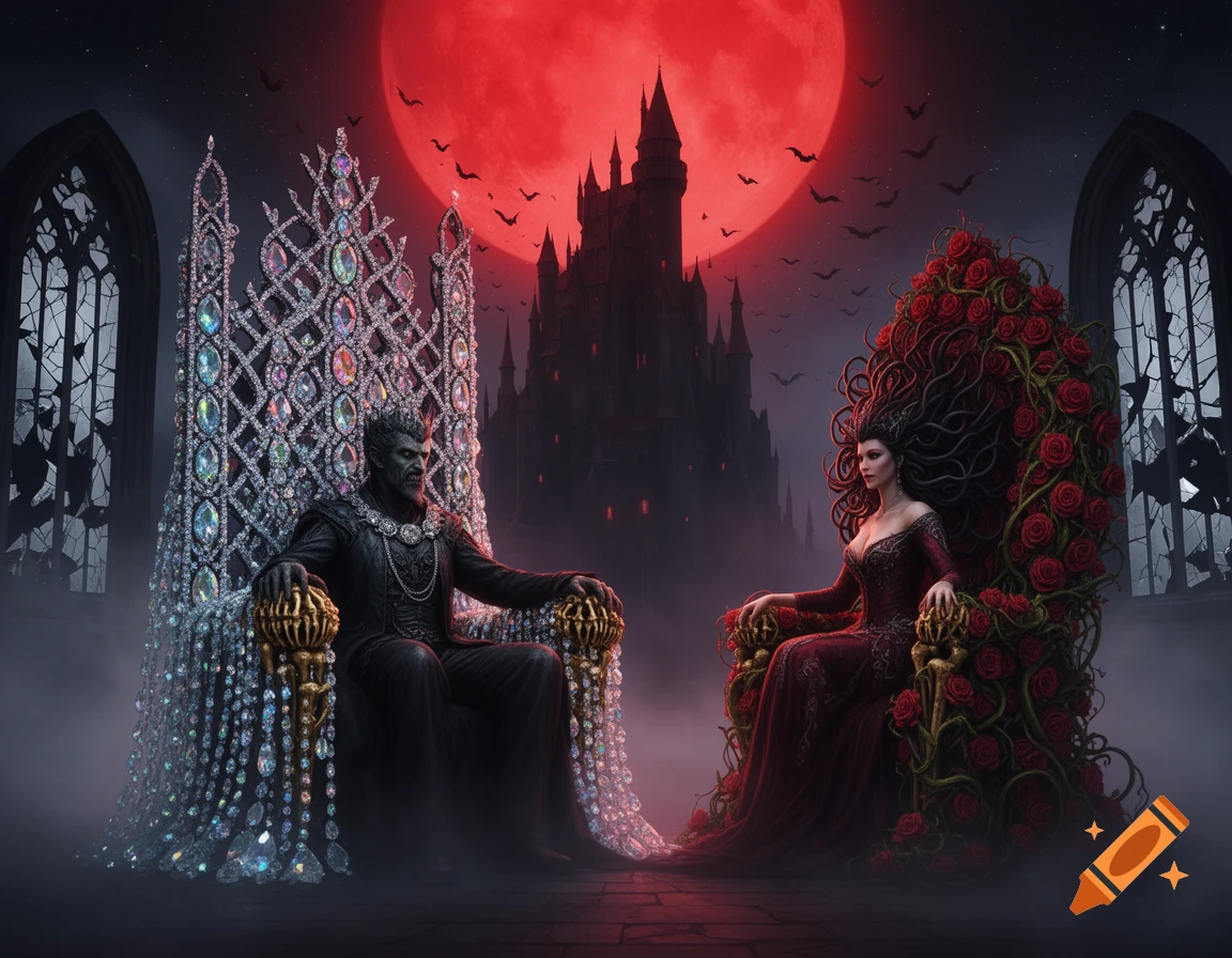 A wicked king on a diamond throne and a queen on a rose throne sit before a gothic castle under a red moon with bats flying.