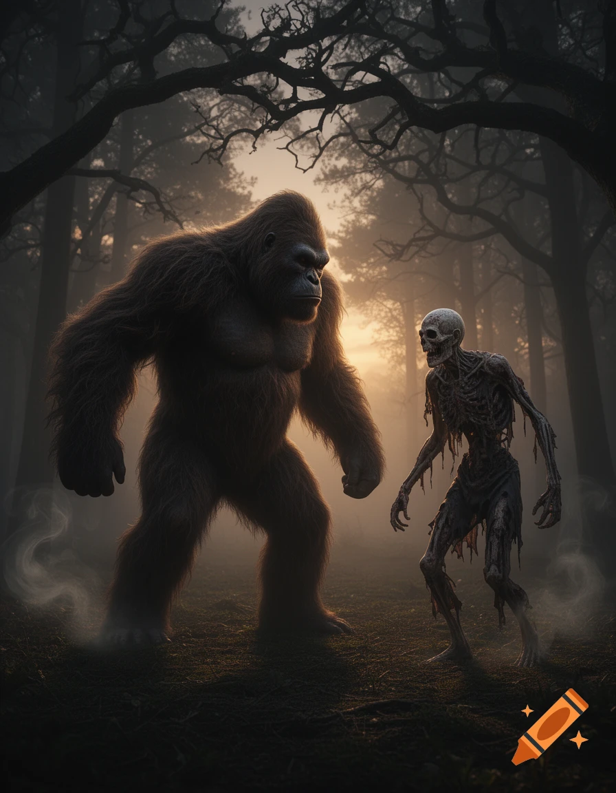 A large, hairy Bigfoot confronts a skeletal zombie in a dark, foggy forest with a glowing sunset background.