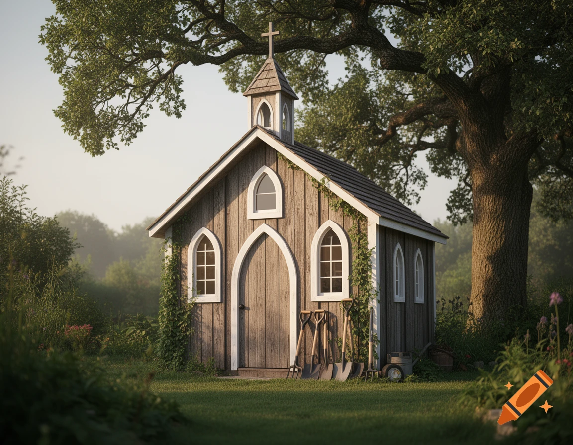 A quaint wooden shed resembling a small church in a lush green garden with tools leaning against its side, bathed in sunlight.