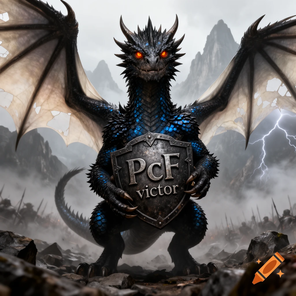 A fierce black and blue dragon with red eyes holds a shield inscribed with 'PcF victor' in a stormy mountain landscape.