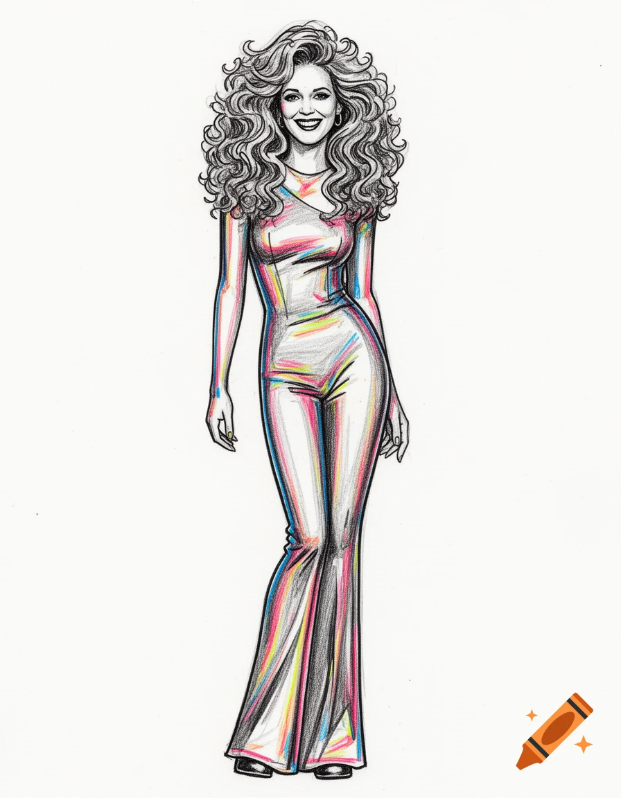 Full-body felt-tip pen sketch of a smiling woman with big curly hair, wearing a jumpsuit, with colorful highlights.