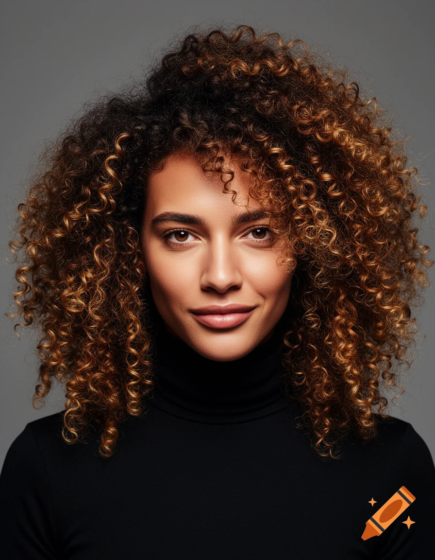 A photorealistic portrait of a woman with voluminous brown and blonde curly hair, wearing a black turtleneck.