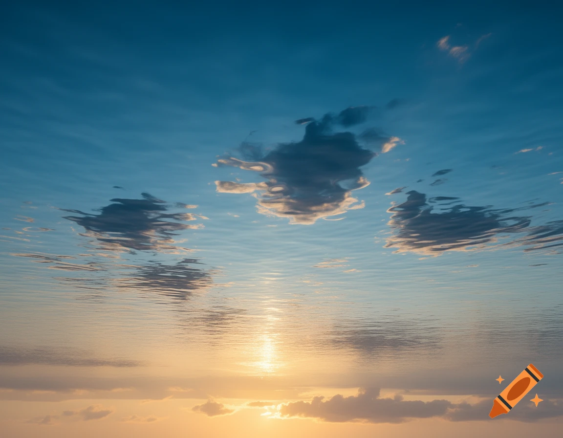 Underwater view of the water surface reflecting a blue sky with clouds and a golden sunset.