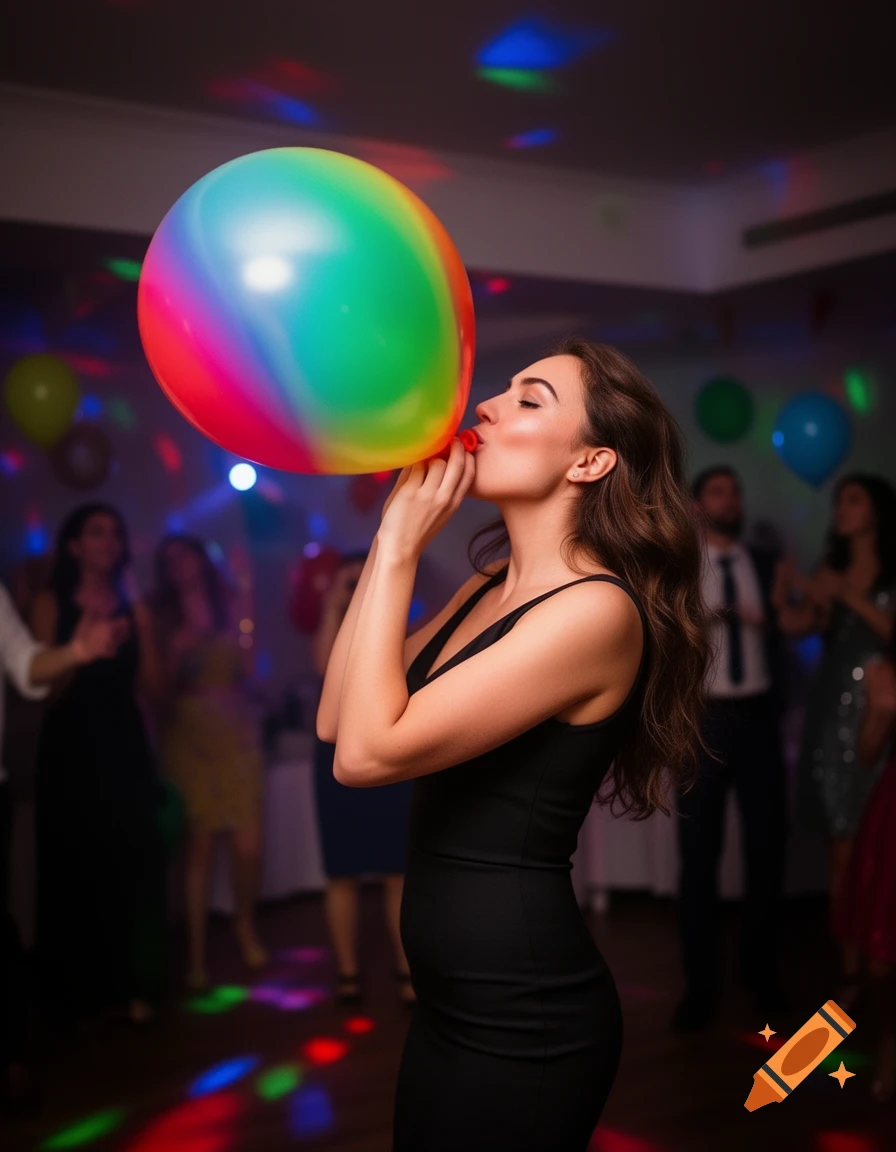 A young woman in a black dress inflates a large, colorful balloon at a lively party with disco lights and blurred people in the background.