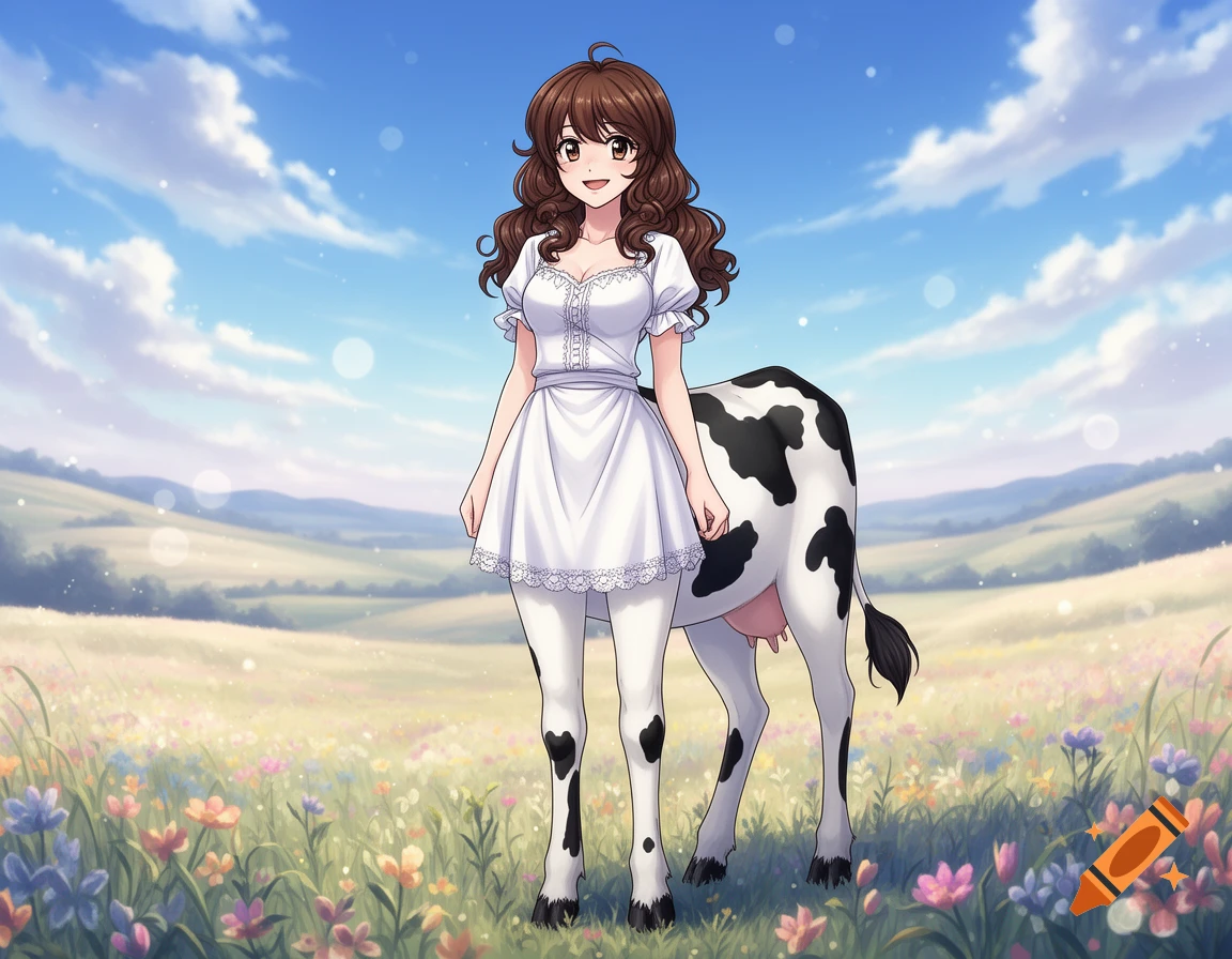 An anime-style cow centaur girl with brown hair and a white dress stands in a vibrant flower-filled field under a blue sky.