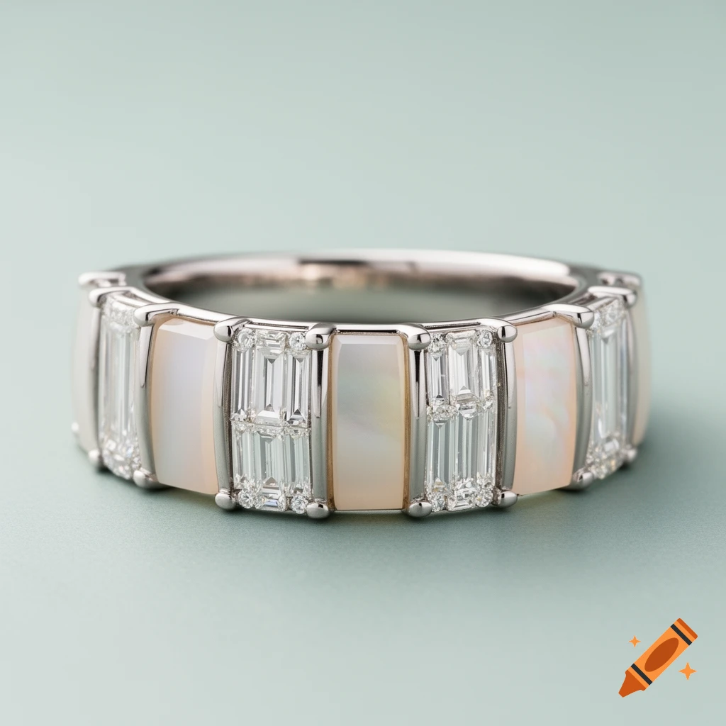 A white gold band ring with alternating baguette diamonds and iridescent mother-of-pearl inlays on a light blue-green background.