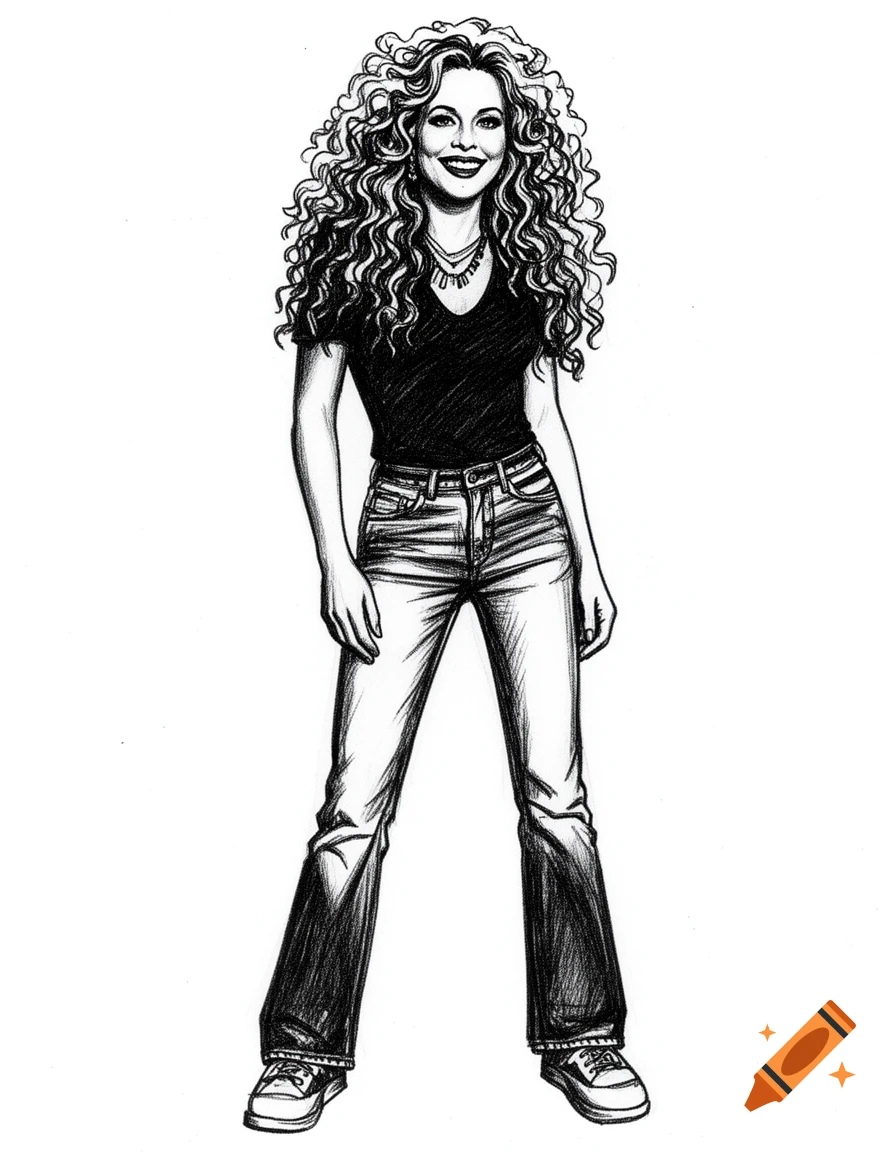 Full-body felt-tip pen sketch of a woman with long curly hair, wearing a t-shirt, jeans, and sneakers.