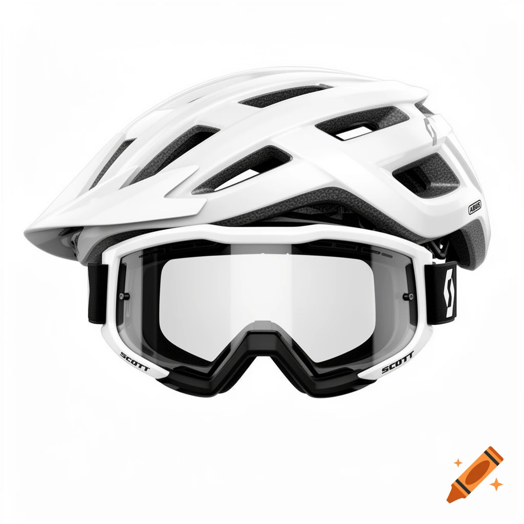 A white bicycle helmet with a visor and matching white and black goggles with clear lenses, isolated on a white background.