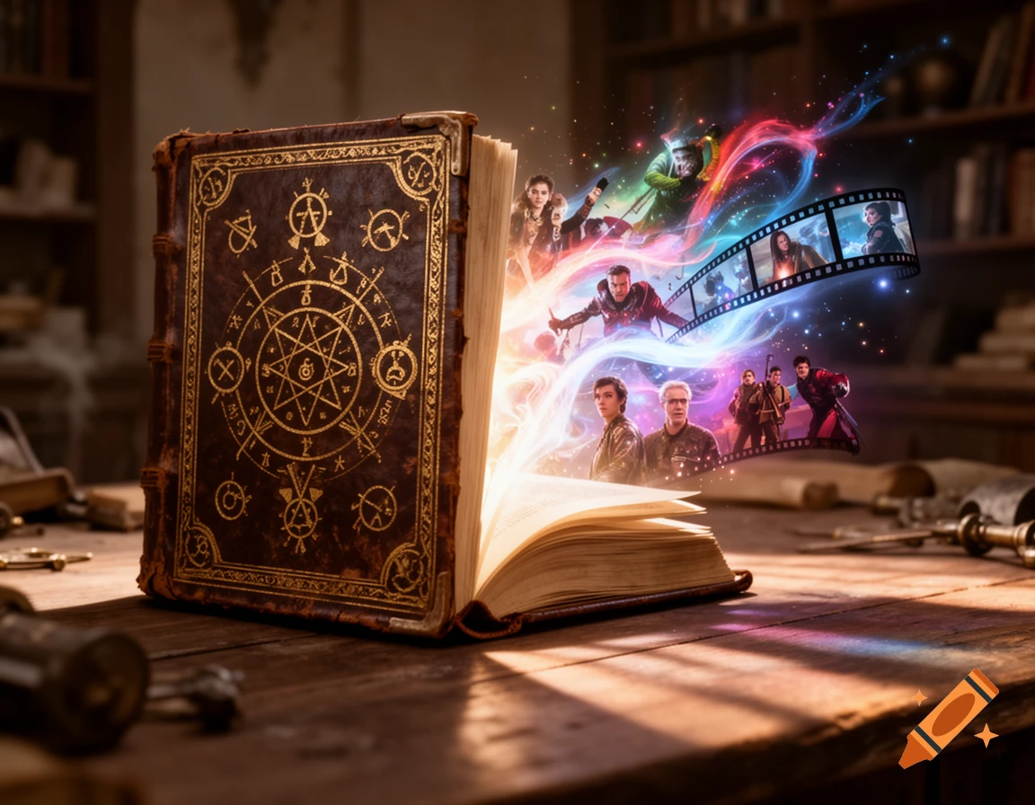 A mystical open book with glowing pages, from which vibrant, colorful light emanates, forming a filmstrip with movie characters and magical energy in a dark library setting.