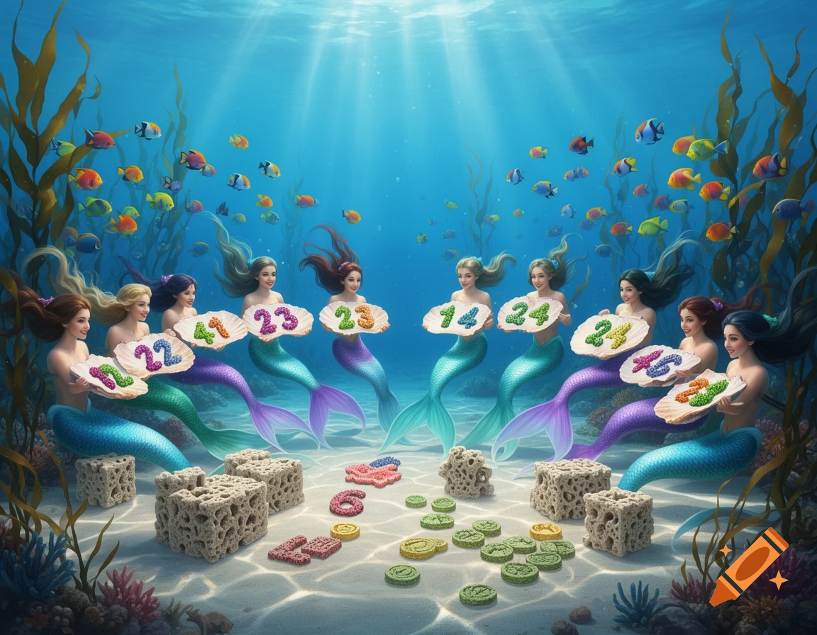 Several mermaids with colorful tails sit on the ocean floor, holding shells with numbers on them, surrounded by kelp, fish, and various game pieces in a realistic art style.