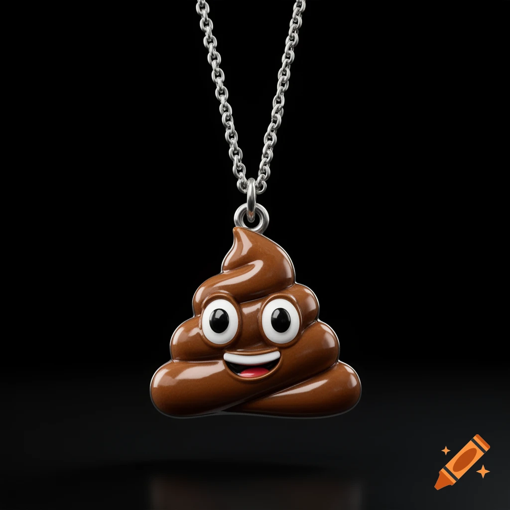 A glossy brown poop emoji face charm with big cartoon eyes and a silly grin, hanging from a short silver chain against a black background.