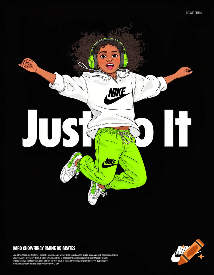 A graphic illustration of a young girl with curly hair and headphones, wearing a white Nike hoodie and neon green joggers, jumping in the air. "Just Do It" is written largely in the background.