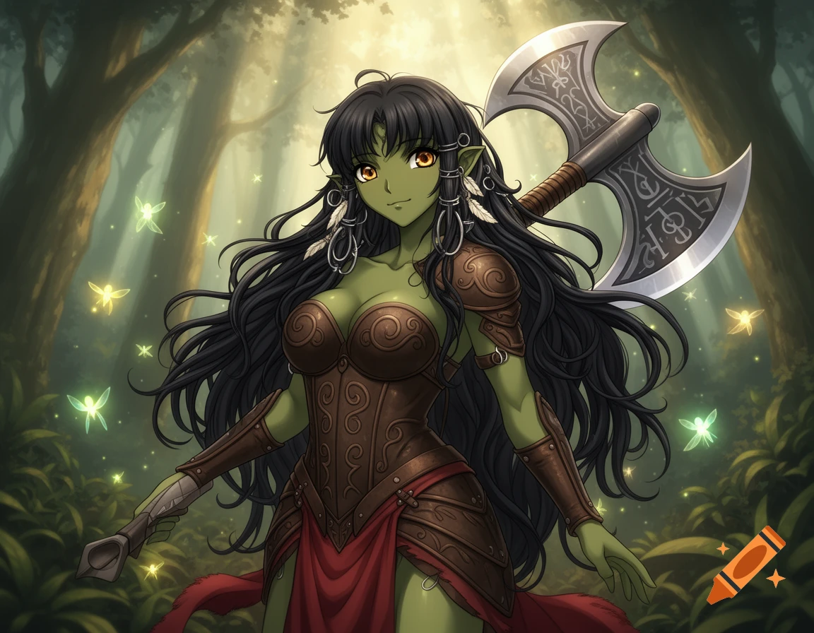 Anime-style orc girl with green skin, long dark hair, and brown armor, holding an axe in a magical forest with glowing fairies.