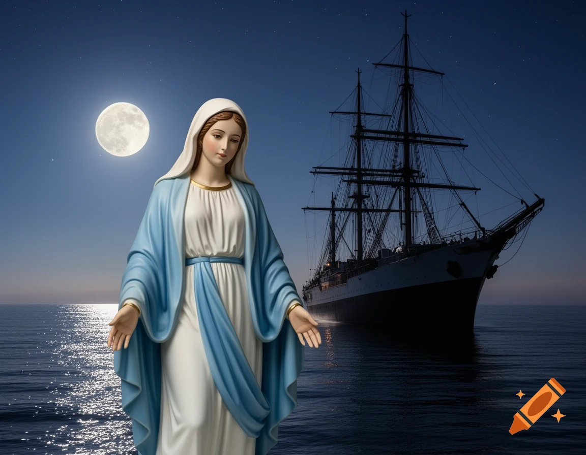 A statue of the Virgin Mary stands in the ocean under a full moon, with a large sailing ship silhouetted behind her.