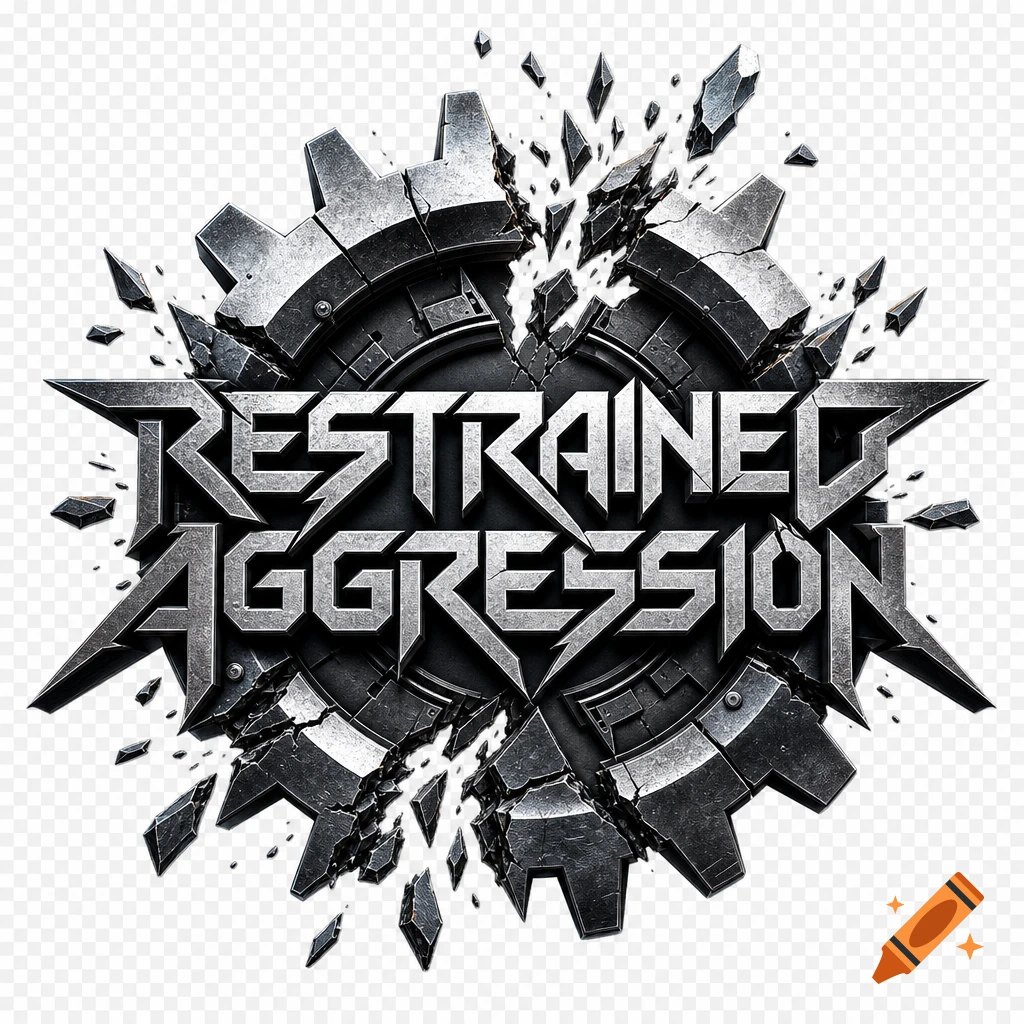 A metallic band logo featuring the words "RESTRAINED AGGRESSION" in a jagged font, overlaid on a shattered gear design.