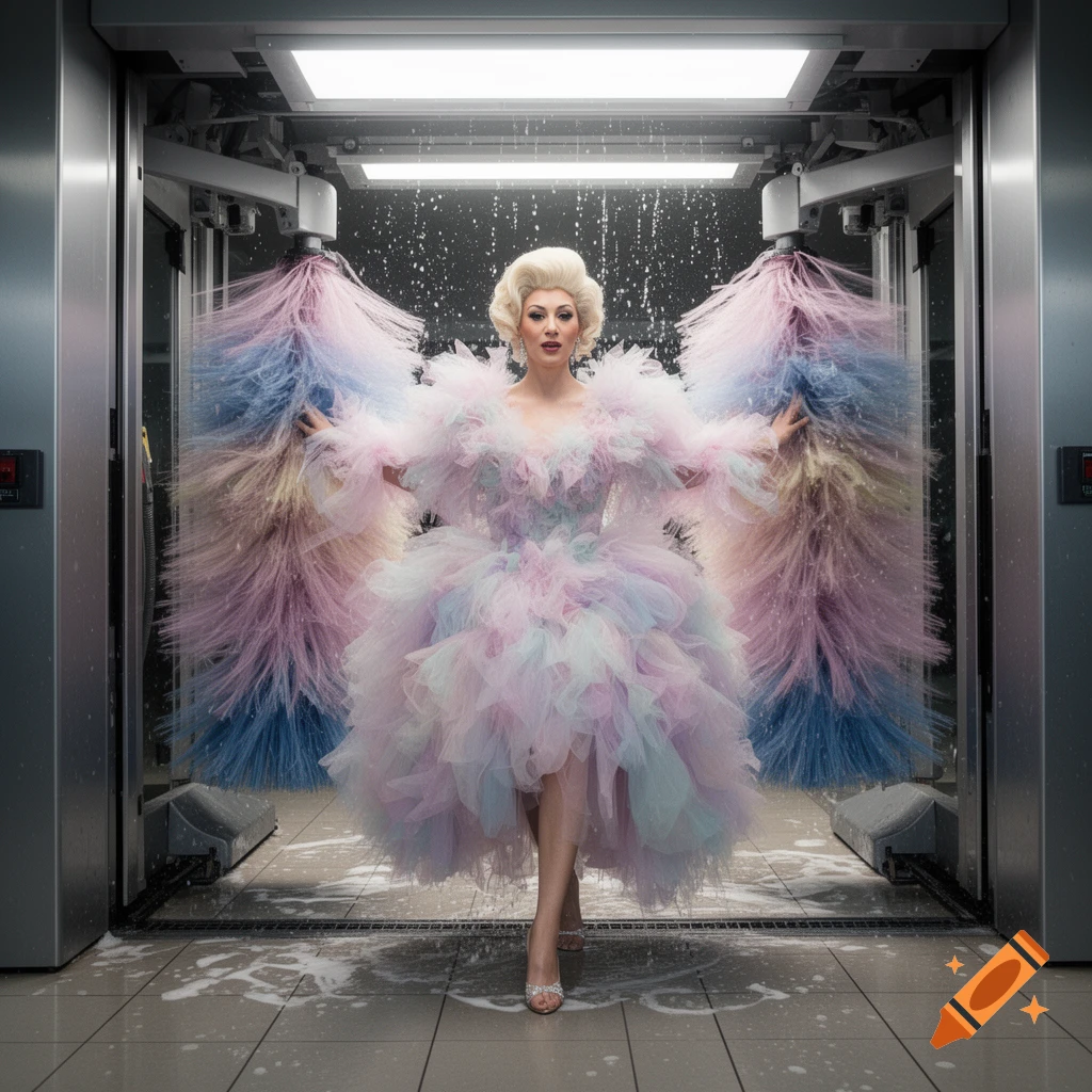 A person in a voluminous pastel ruffled dress stands inside a car wash with spinning brushes and falling water.