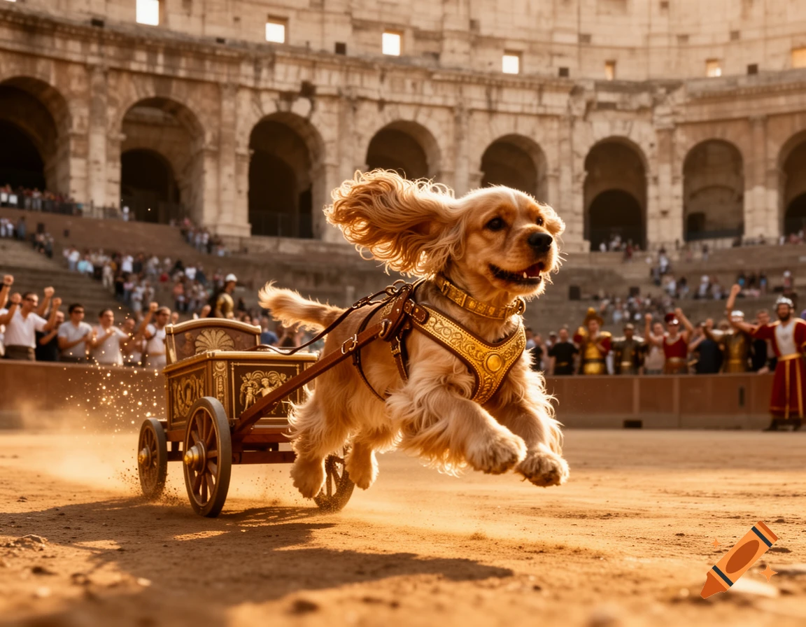 A joyful cocker spaniel in a golden harness pulls an ornate chariot on a dirt track, kicking up dust in a bustling Colosseum.