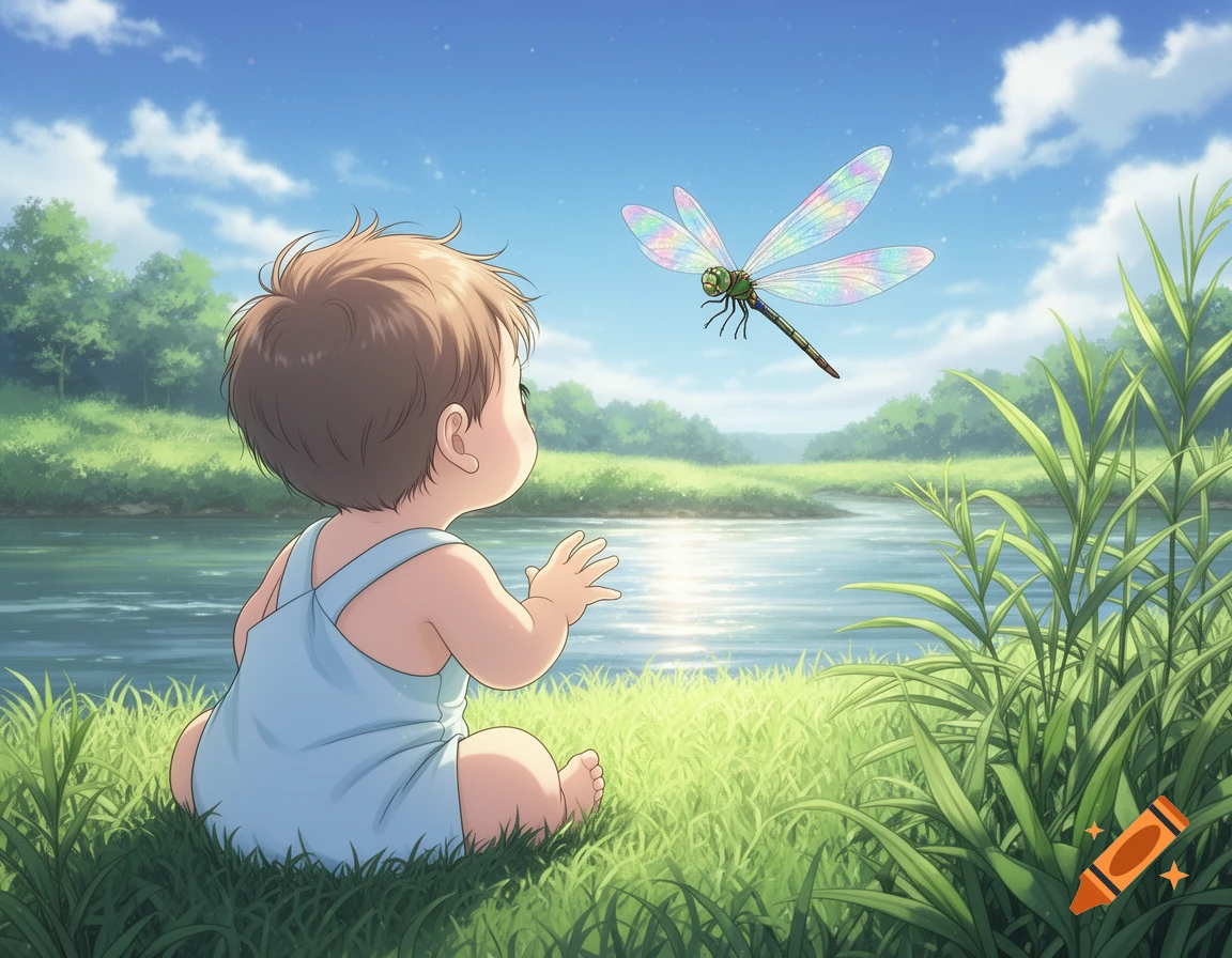 Anime illustration of a baby in blue overalls sitting in grass, looking at a colorful dragonfly over a river.
