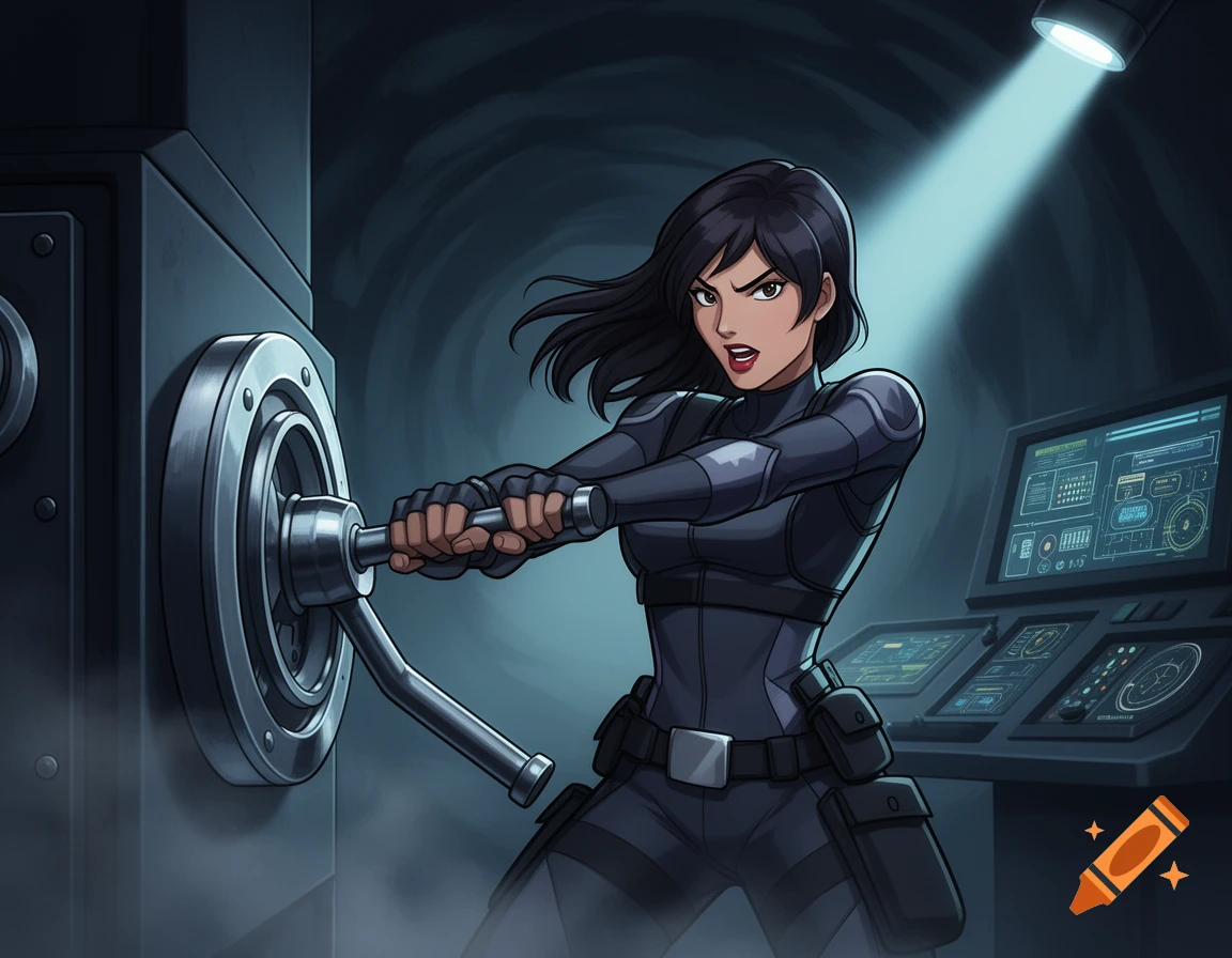 A black-haired woman in a dark suit with tactical gear strains to turn a large metal lever on a vault door, illuminated by a spotlight in a dark room with glowing computer screens.