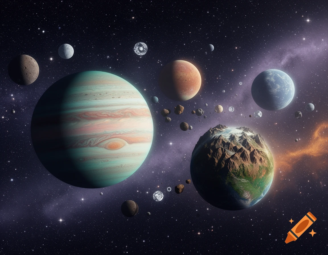 A visually rich space scene with numerous planets, moons, and asteroids of varied sizes and textures, set against a starlit nebula.