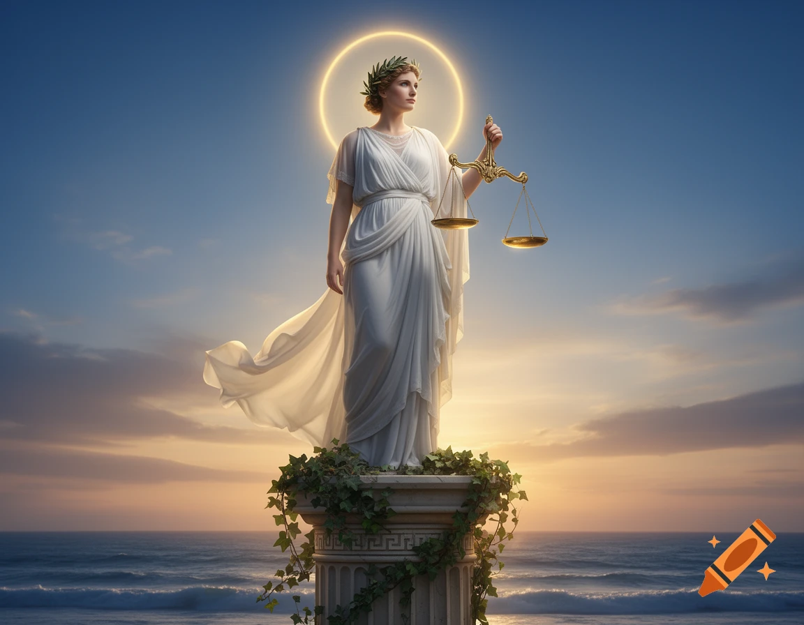 Classical figure in white gown, laurel wreath, holding golden scales, on a column by the ocean at sunset.