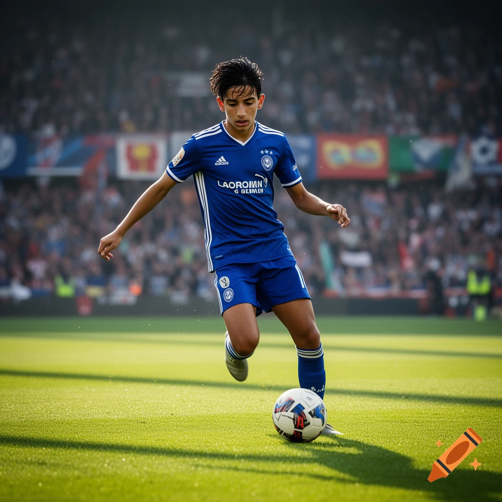 A young male soccer player in a blue uniform dribbles a ball on a sunny green field in a stadium.