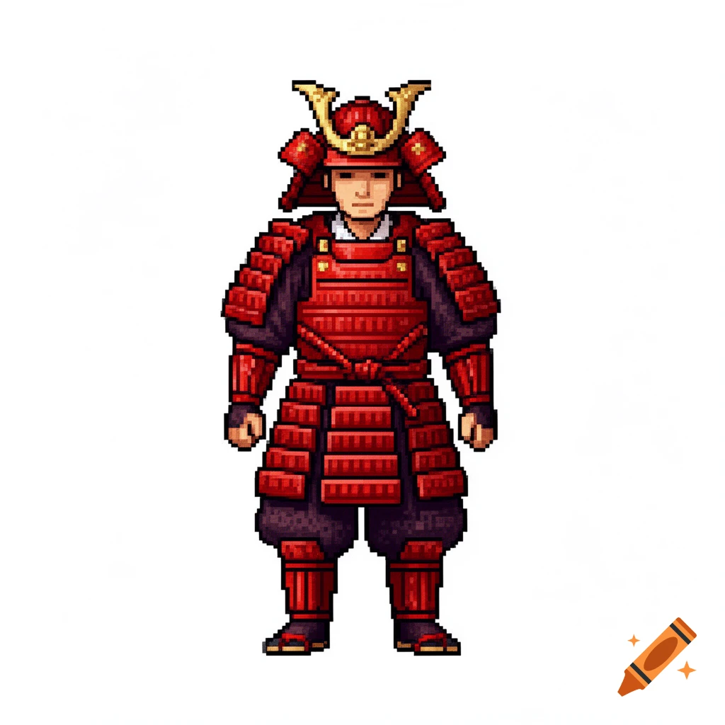 Pixel art depiction of a samurai in traditional red armor, standing peacefully, isolated on a white background.