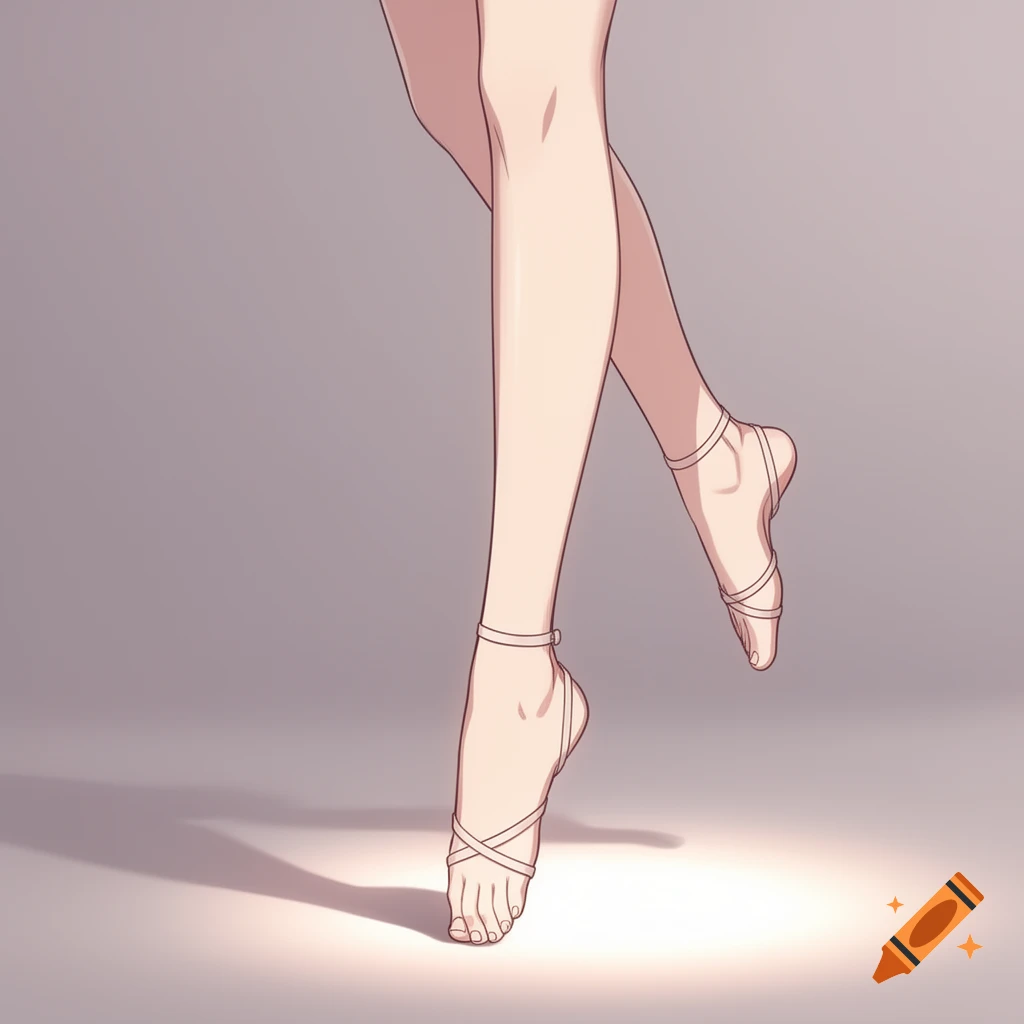 Anime illustration of two slender legs and feet, en pointe, wearing criss-cross ballet straps on a spotlighted surface.
