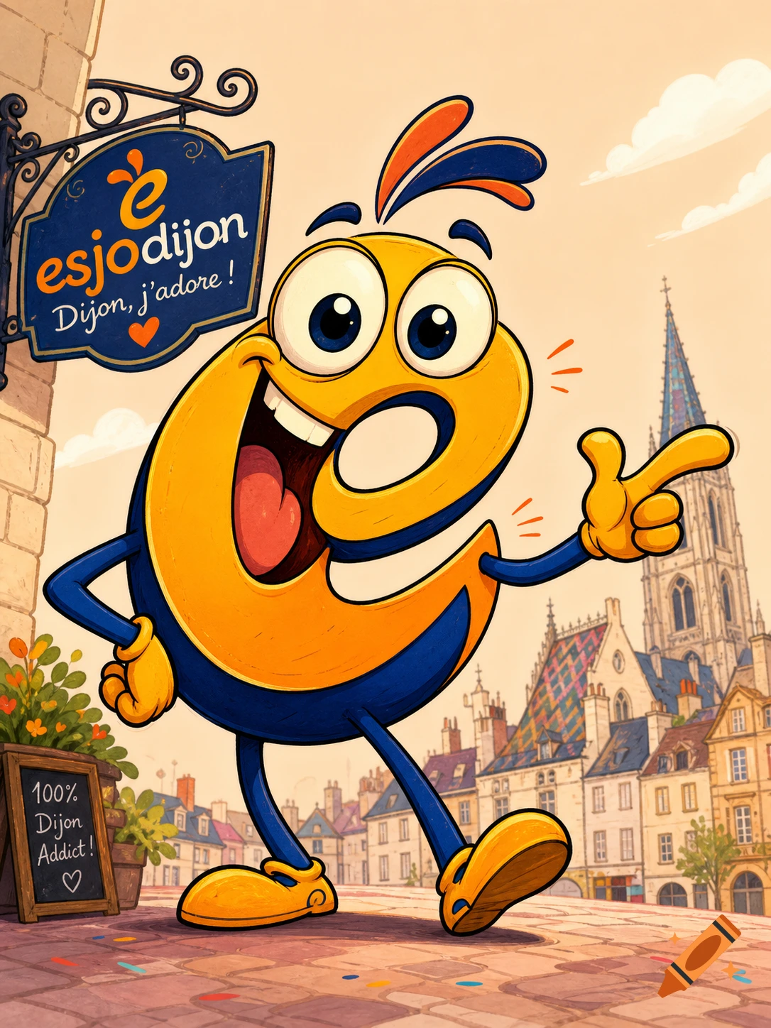 A cheerful, orange and blue cartoon character resembling an 'e' points in a vibrant street scene with a cathedral and signs in Dijon, France.