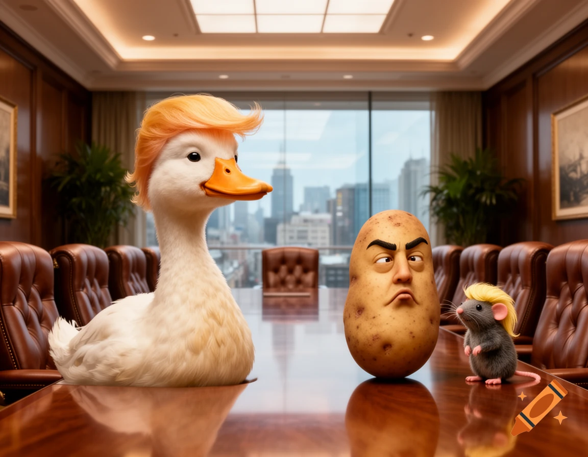 A duck, a potato with a face, and a mouse, all with blonde Trump-like hair, sit on a polished conference table in a modern boardroom.